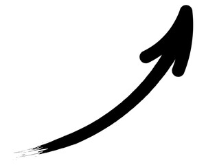 Arrow. Sketch. The black rounded arrow points upward. Hand drawn sign. Vector illustration. Directional signs made from brush strokes. Outline on isolated white background. Doodle and grunge style. 