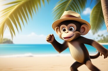 Illustration cartoon, cute monkey in hat stands under palm tree with green leaves on sandy beach of sea coast, tourism, place for text, exotic vacation, summer travel, copy space, card, greeting