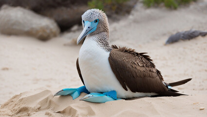 A blue-footed booby is sitting on the beach