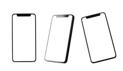 blank screen mobile phone with different sides isolade on white background, Smart phone white blank screen on white background. 3d rendering. 