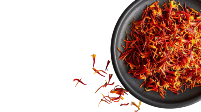 A bowl filled with dried saffron threads placed on a plain white background
