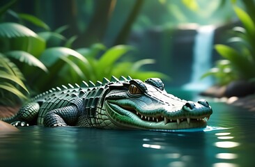 Illustration of a cartoon character, a green crocodile swimming along a river in the jungle among trees and grass, an African wild exotic and predatory animal