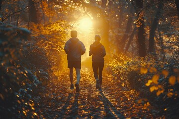 Back view of a couple jogging together through a forest path, surrounded by vibrant autumn foliage - Powered by Adobe