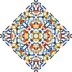 Abstract geometric triangle kaleidoscope mandala pixel art design symbol - symmetric vector art pattern from colored triangles. 8-bit.