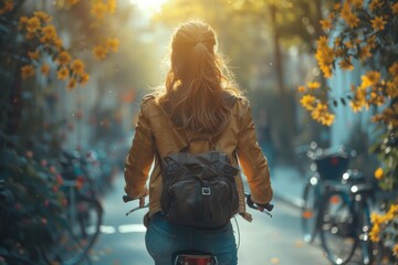 A woman is seen from behind, biking down a path lined with golden autumn leaves and sunlit trees - Powered by Adobe