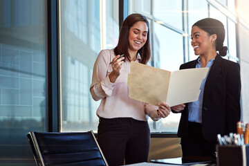 Teamwork, law firm and business women with documents for planning, discussion and consulting. Collaboration, corporate and lawyers talking with paperwork, files and review for meeting in office