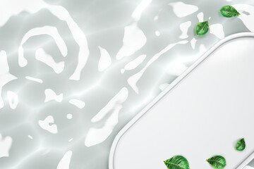 Podium flat lay scene with water ripples and leaves for product presentation