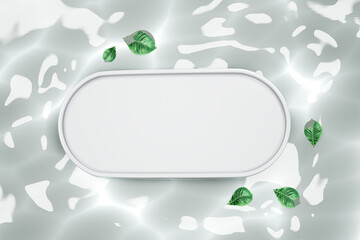 Fototapeta premium Podium flat lay scene with water ripples and leaves for product presentation