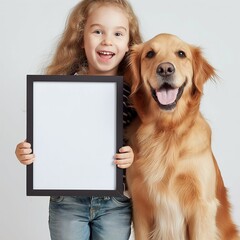 Frame mockup, background with cute little girl holding a picture frame and golden retriever next to her