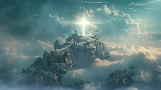 landscape with cross clouds and sun in the mountain. Virtual 4K video animation background with looping time lapse with very smooth graphics.