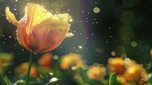 close up bokeh effect fresh golden tulip bud with splash dew in the golden hours image video HD 4K a background for bio diversity day or tulip time
