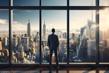 Fototapeta premium Businessman looking at the city from the window.
