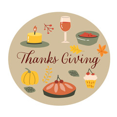 Autumn fall thanksgiving day banner or greeting card with leaves. Celebration design for harvest festival, thanks with food and flower autumn border. Fall thanksgiving day background.