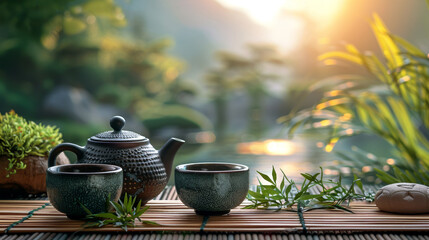 zen background with teapot, cups, and bamboo mat provides a serene atmosphere for mindfulness and...