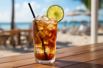 Cola with ice cubes and lemon on the background of the sea.