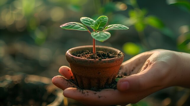 A nurturing hand cradles a terracotta pot containing a young sapling, symbolizing growth, care, and environmental responsibility
