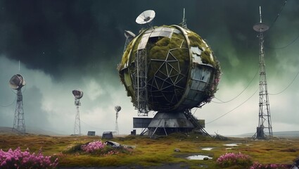 Аquarelle painting of an abandoned, ruined satellite station