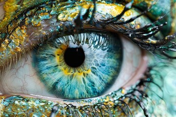 Green eye with golden reflections, detailed and futuristic, sci fi and technology concept, vibrant and innovative