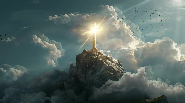 a sparkling cross on a mountain with a thick sky in the background. Virtual 4K video animation background with looping time lapse with very smooth graphics.