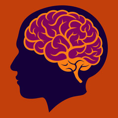 A silhouette of a persons head showing a purple and orange brain