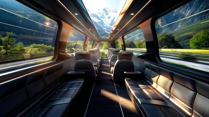 Fototapeta premium luxury and comfort in this modern train carriage, offering panoramic views of majestic mountains and lush greenery