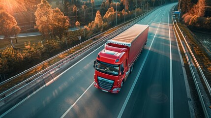 A red logistics truck driving on a rural road, highlighting the coordination of transportation and logistics management in supply chain operations for stock photo platforms