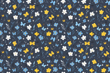 Spring floral pattern with blue, yellow, and white flowers on a dark background. Seamless and lively design perfect for products, textiles, and wallpapers. Features butterflies and blossoms.