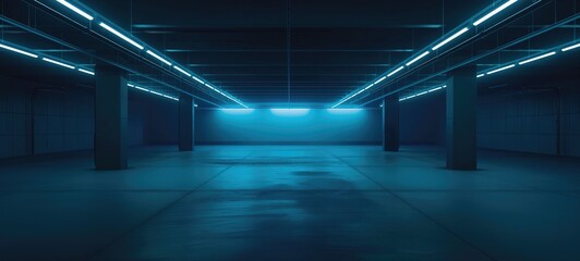 futuristic architecture of a dark empty car garage with blue neon lights and wet ground. wide banner size