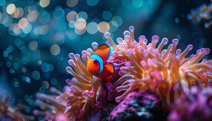 Vibrant clownfish swimming amidst colorful coral reefs with a beautiful bokeh background. Perfect underwater marine life shot.