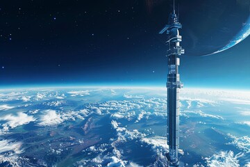 Obraz premium A minimalist space elevator ascends from the depths of the earth, towering over the landscape