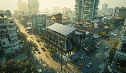 Urban Neighborhood with Solar Panels on Rooftop