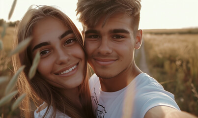 Obraz premium A young couple in love takes a selfie. Against the backdrop of summer nature. Golden hour selfie.