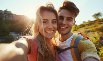 A young couple in love takes a selfie. Against the backdrop of summer nature. Golden hour selfie.