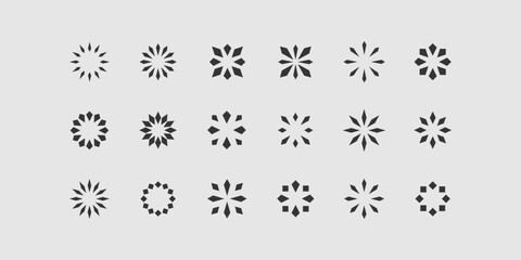 Camomile flower symbol. Set of 18 circle geometric shape with rhombus. Modern linear design print. Modern abstract graphic design elements.