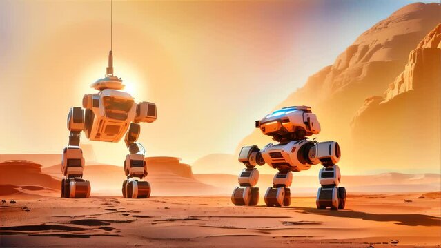 Two robots traversing the sandy terrain of a deserted alien planet under a bright sun, showcasing futuristic exploration.. AI Generation