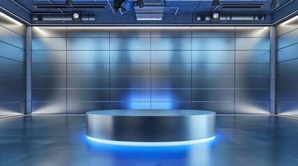 Modern futuristic studio interior with a metallic circular podium and blue lighting, perfect for presentations, events, and broadcasts.