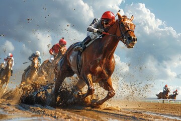 A dynamic image of horse racing highlighting the intensity and motion on a dusty racetrack