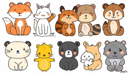 Obraz premium Playful and Whimsical Funny Cartoon Animals on White Background in Simple Draw Style