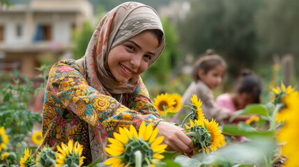 community gardening, neighbors from diverse backgrounds come together to build a community garden as an arab woman teaches teens how to plant sunflowers