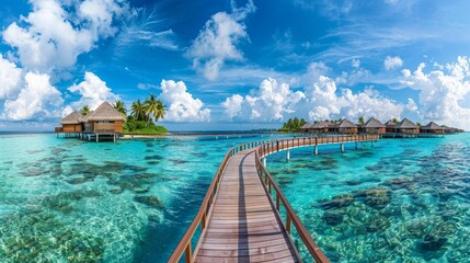 Fototapeta premium A beautiful beach with a wooden walkway leading to a small island