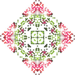 Abstract geometric triangle kaleidoscope mandala pixel art design symbol - symmetric vector art pattern from colored triangles. 8-bit.