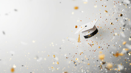 Elegant aesthetic invitation mockup for graduation with academic cap. Light background with confetti. Generative AI