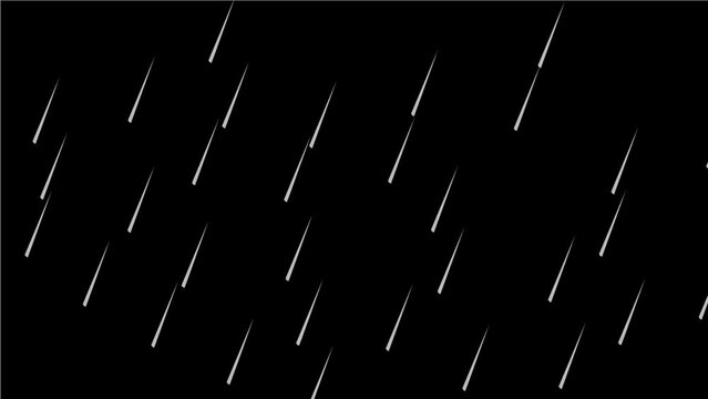 Heavy rainfall with thunder light motion graphic, loop on night dark black background 
