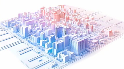 Predictive modeling in urban planning a cityscape with multiple buildings, roads, and public spaces. Dynamic gradient overlays show predictive models of population growth.