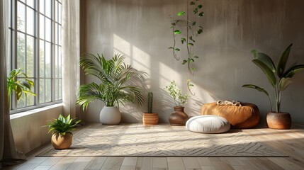 the serene essence of minimalist living captured in a space with only a meditation cushion and a cozy blanket, showcasing tranquility in simplicity