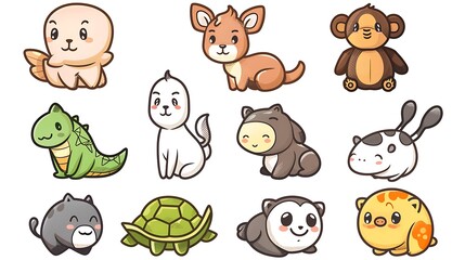 Fototapeta premium Whimsical and Playful Cartoon Animals in a Simple Drawing Style on White Background