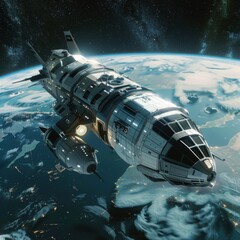 Obraz premium A space ship hovers among the vastness of Earth, surrounded by the planets atmosphere.