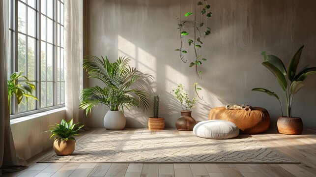 the serene essence of minimalist living captured in a space with only a meditation cushion and a cozy blanket, showcasing tranquility in simplicity