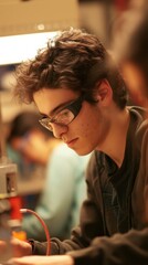 A man wearing glasses is focused on operating a machine in a tech class setting.
