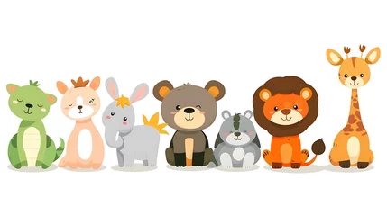 Fototapete Rund Whimsical Cartoon Animals in Playful Scenes on White Background - Simple Drawing Style © abangaboy